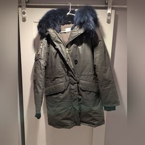 Women's Military Green Down Jacket with Blue Fur Trim By SAM.